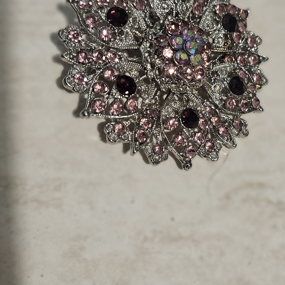 Elegant Silver and Pink Floral Brooch
